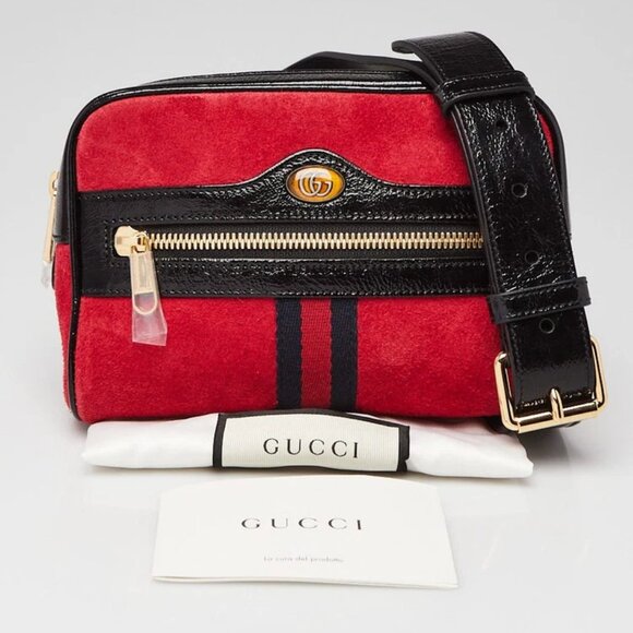 Gucci Red/Black Suede/Patent Leather Vintage Web Ophidia Small Belt Bag - Picture 12 of 12